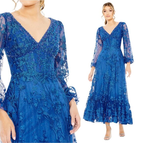 Mac Duggal 20512 Womens Size 24 Blue Floral Lace Long Sleeve Tea Midi Maxi Dress - Picture 1 of 4